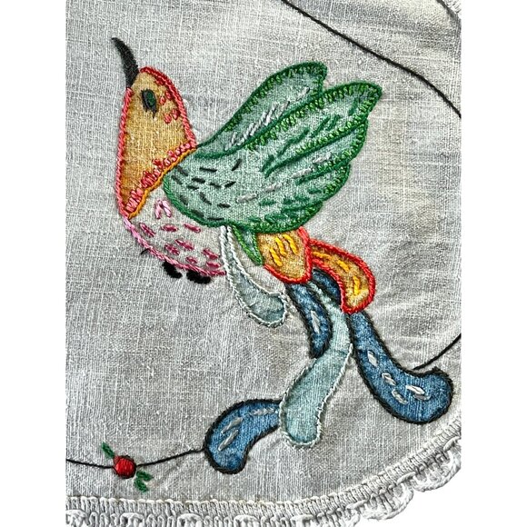 Hand-Painted & Embroidered Table Runner 22" X 11" Beige Cotton Linen Blend Bird - Picture 6 of 9